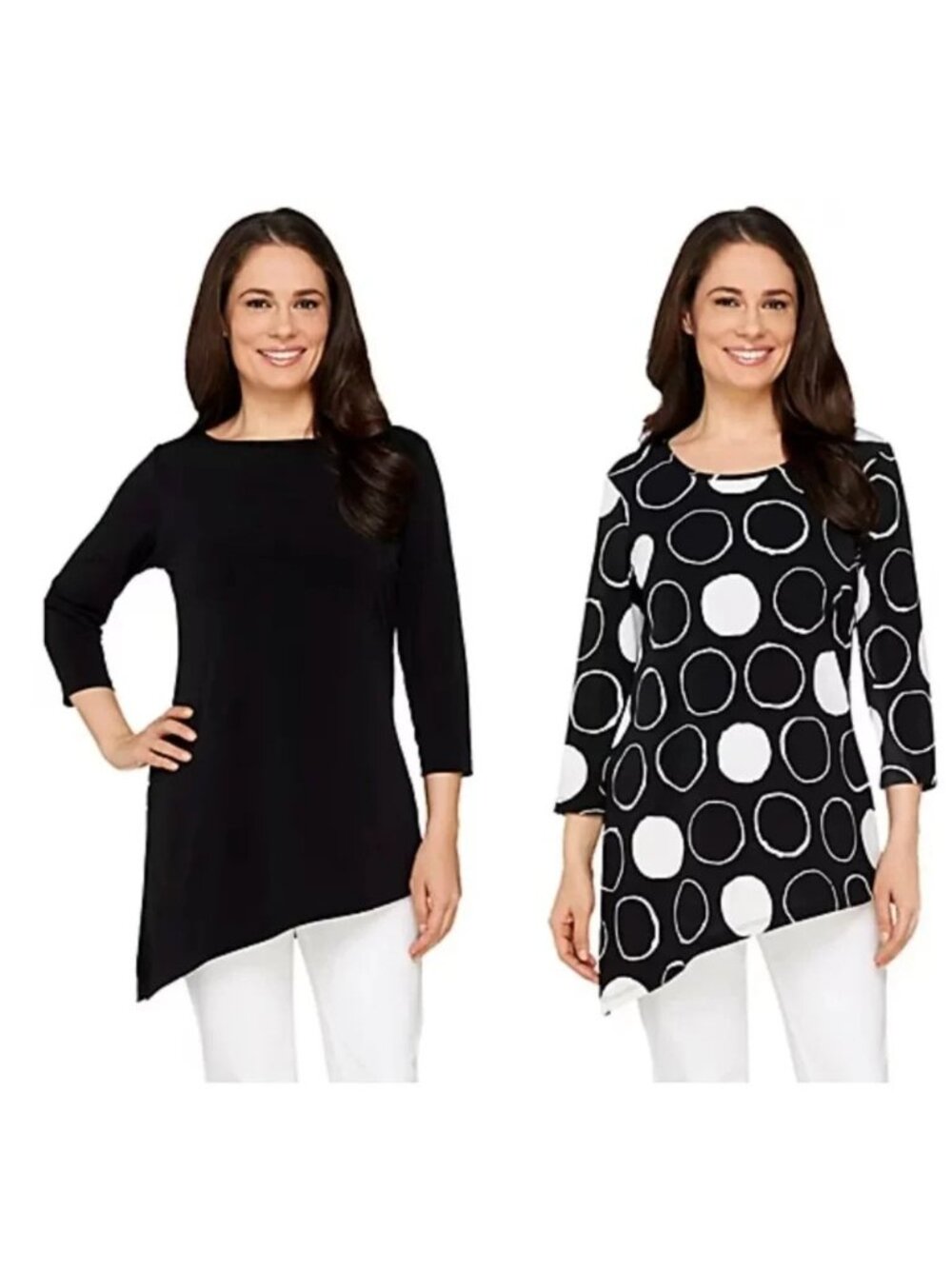 Susan Graver Print & Solid Set of 2 Liquid Knit Shirt Black Dot 1X A263009